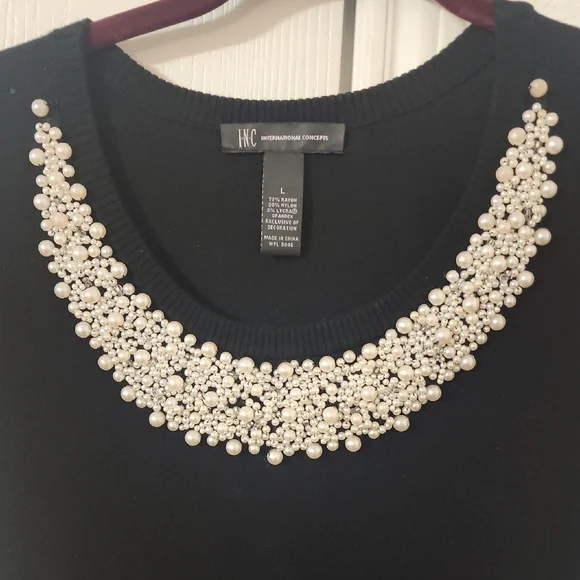 INC International Concepts Black Embellished Short Sleeve Blouse - Picture 2 of 8